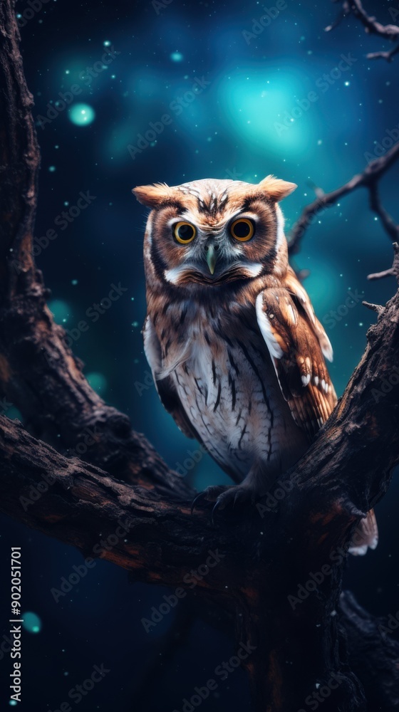 A small owl sits quietly on a branch, illuminated by enchanting lights in a dark nighttime environment A small owl sits quietly on a branch, illuminated by enchanting lights in a dark nighttime environment