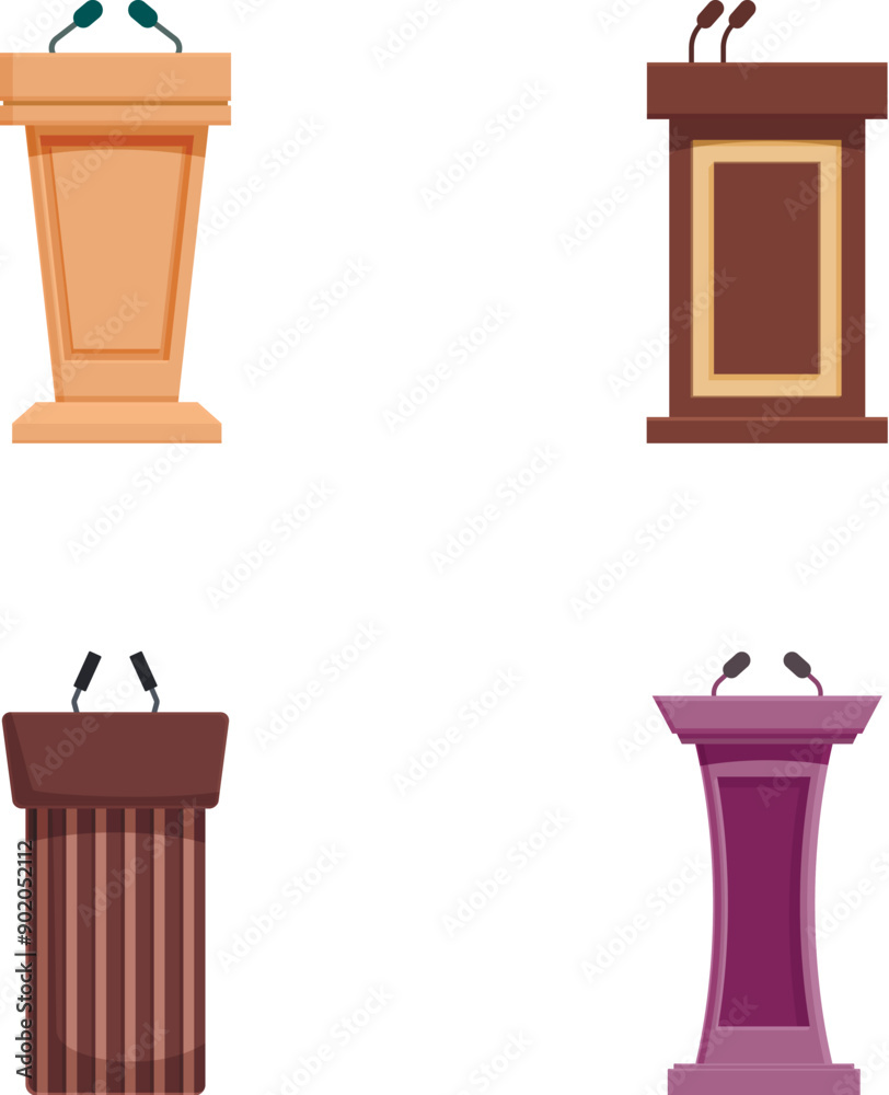 Collection of four stylized cartoon podiums, perfect for presentations and awards ceremonies Collection of four stylized cartoon podiums, perfect for presentations and awards ceremonies