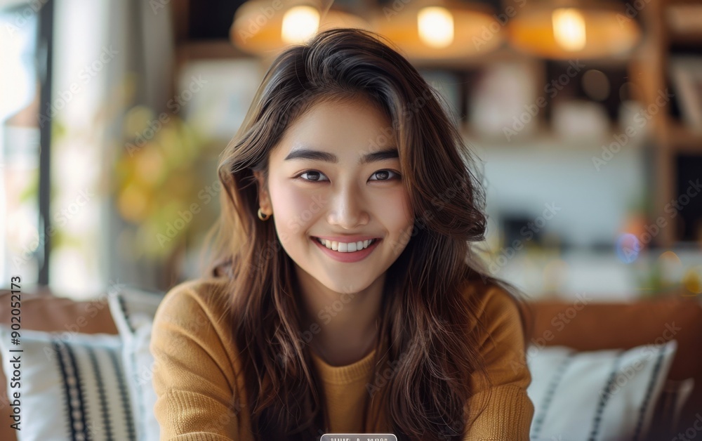 A cheerful young woman engages in a virtual meeting from her cozy home office, radiating positivity and focus A cheerful young woman engages in a virtual meeting from her cozy home office, radiating positivity and focus