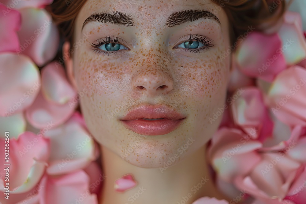 Close-up of a young woman with freckles and pink lips surrounded by pink rose petals. The image conveys a sense of serenity and natural beauty. Close-up of a young woman with freckles and pink lips surrounded by pink rose petals. The image conveys a sense of serenity and natural beauty.