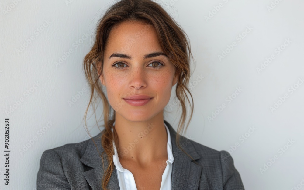 A satisfied woman dressed in business attire smiles warmly, showcasing confidence and professionalism in a contemporary office environment