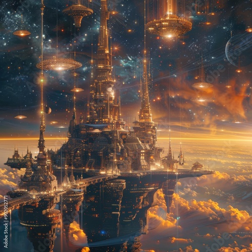 Futuristic Cityscape on Floating Asteroid with Holographic Buildings and Starry Sky - Sci-fi Metropolis of Tomorrow