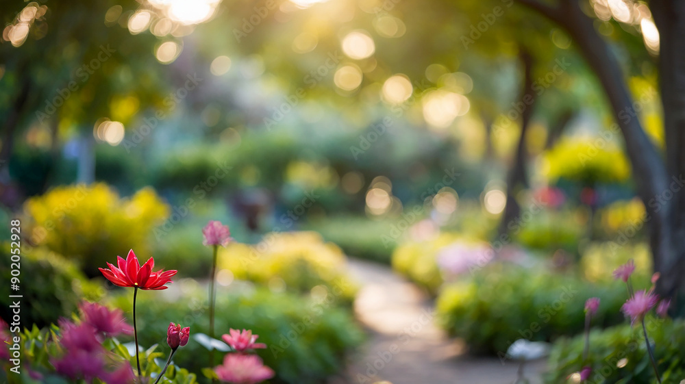 Springtime blurred bokeh on a peaceful garden and flower meadow Springtime blurred bokeh on a peaceful garden and flower meadow