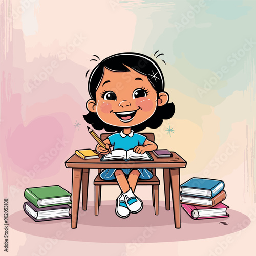 a girl sits at a desk with books and a flower in the background