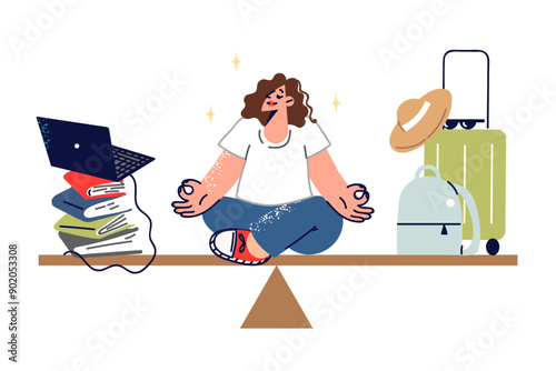 Woman student meditates to maintain balance, sits on swing between objects for tourism and education