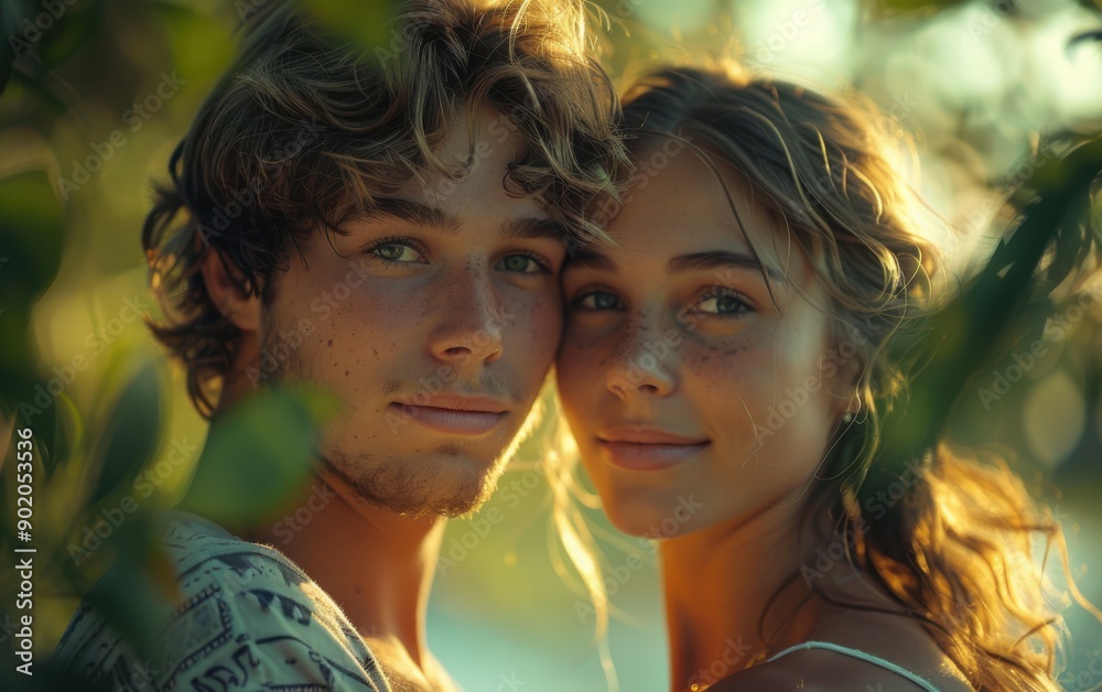 A young couple enjoys a tender moment together, smiling at each other amidst lush greenery on a sunny summer day A young couple enjoys a tender moment together, smiling at each other amidst lush greenery on a sunny summer day