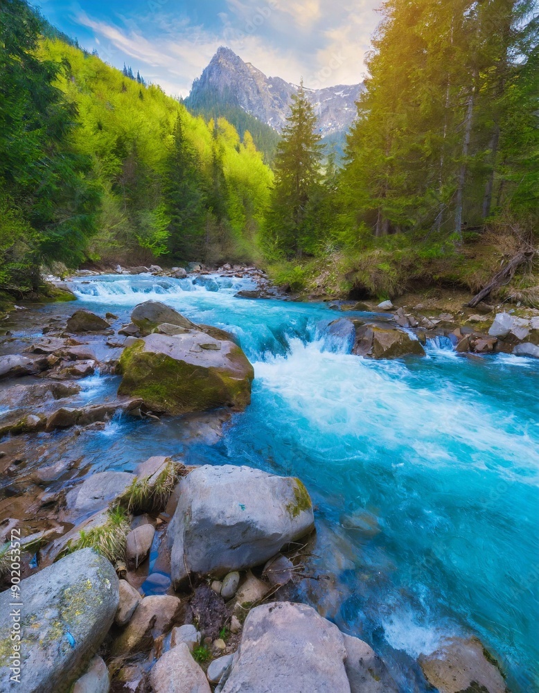 beautiful blue river rushing through a mountain forest