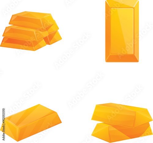 Set of four vibrant vector illustrations of stacked gold bars, isolated on white