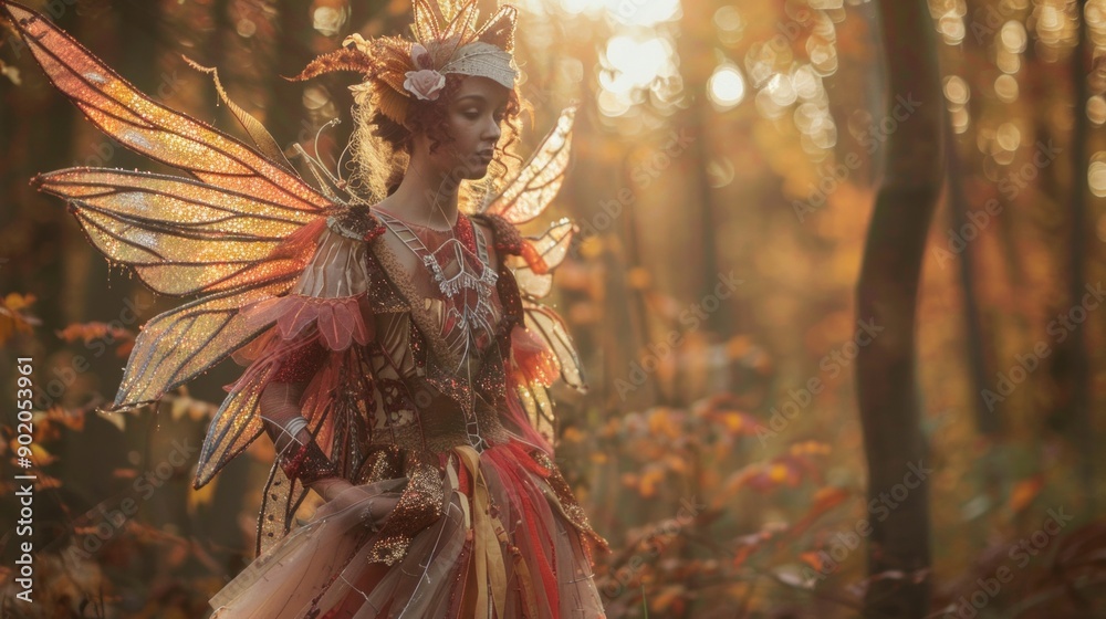 Enchanting Halloween Fairy Costume Displayed Among Autumn Leaves at Sunset in a Forest Enchanting Halloween Fairy Costume Displayed Among Autumn Leaves at Sunset in a Forest