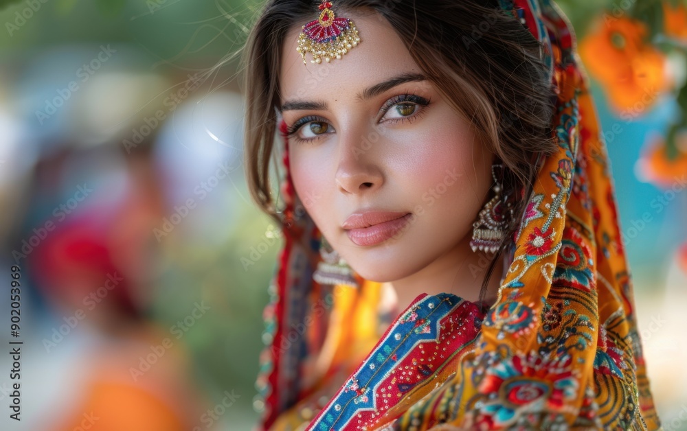 An Indian model gracefully presents traditional attire, adorned with intricate jewelry and a colorful dupatta, amidst a festive outdoor backdrop An Indian model gracefully presents traditional attire, adorned with intricate jewelry and a colorful dupatta, amidst a festive outdoor backdrop