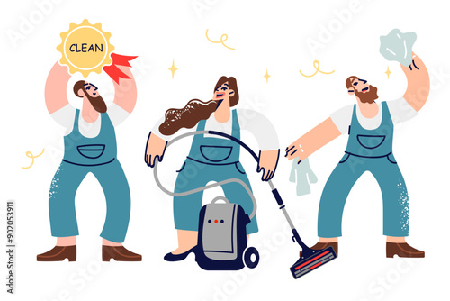 Team of maids arrived to clean apartment or office with own vacuum cleaner and rags to remove dirt