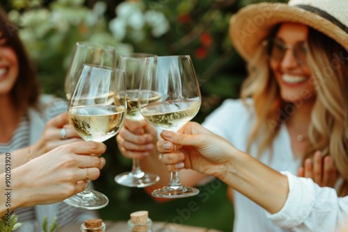 A group of friends toasting with white wine on an outdoor table at the dining area in their garden, laughing and enjoying each other's company during the summer time Generative AI