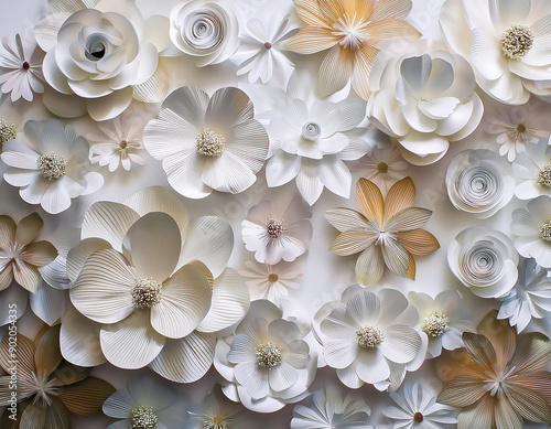 white paper flowers on a white background. decorative background
