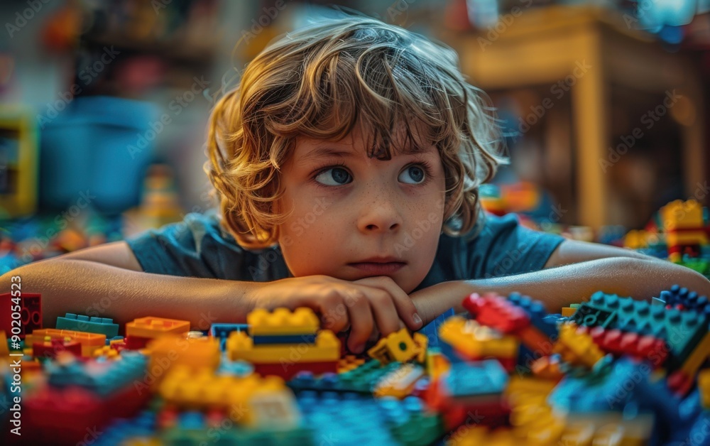 A child lies on the floor, deep in concentration while surrounded by a vibrant array of building blocks, clearly engaged in imaginative play A child lies on the floor, deep in concentration while surrounded by a vibrant array of building blocks, clearly engaged in imaginative play