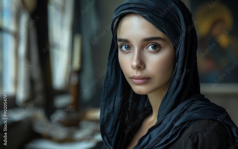 A woman in a dark headdress looks thoughtfully from a softly lit room filled with warm morning light A woman in a dark headdress looks thoughtfully from a softly lit room filled with warm morning light