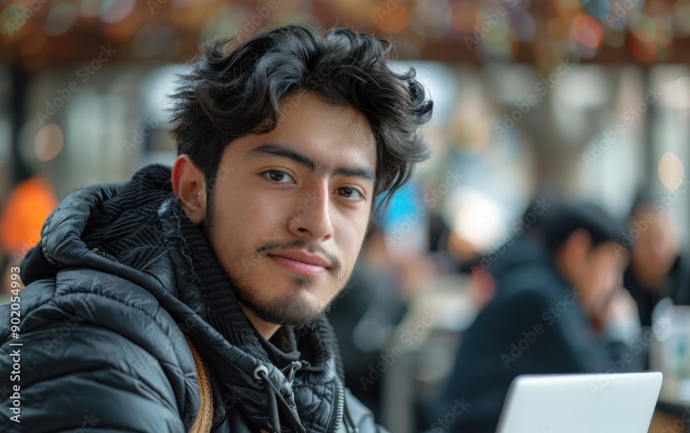A young Latino student works intently on his laptop, surrounded by fellow students in a lively café environment A young Latino student works intently on his laptop, surrounded by fellow students in a lively café environment
