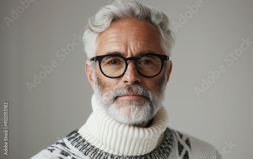 A mature man with salt and pepper hair wears a cozy blackframe sweater, gazing confidently at the camera with a neutral expression indoors photo