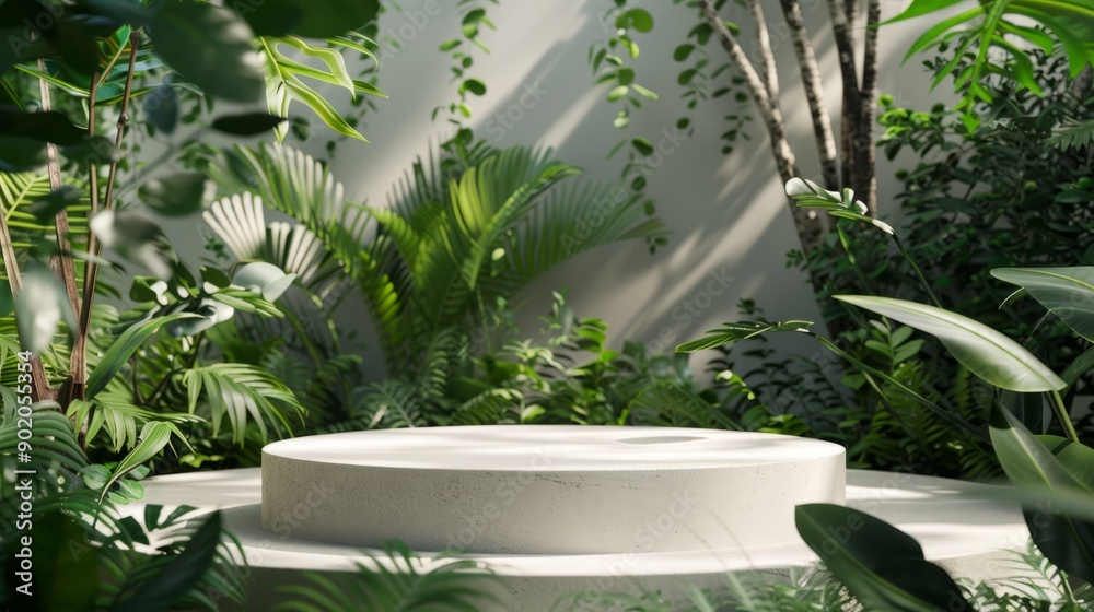 Podium background product green nature 3D forest stand white plant. Cosmetic background product podium display wood jungle studio garden beauty platform presentation mockup pedestal stone tropical