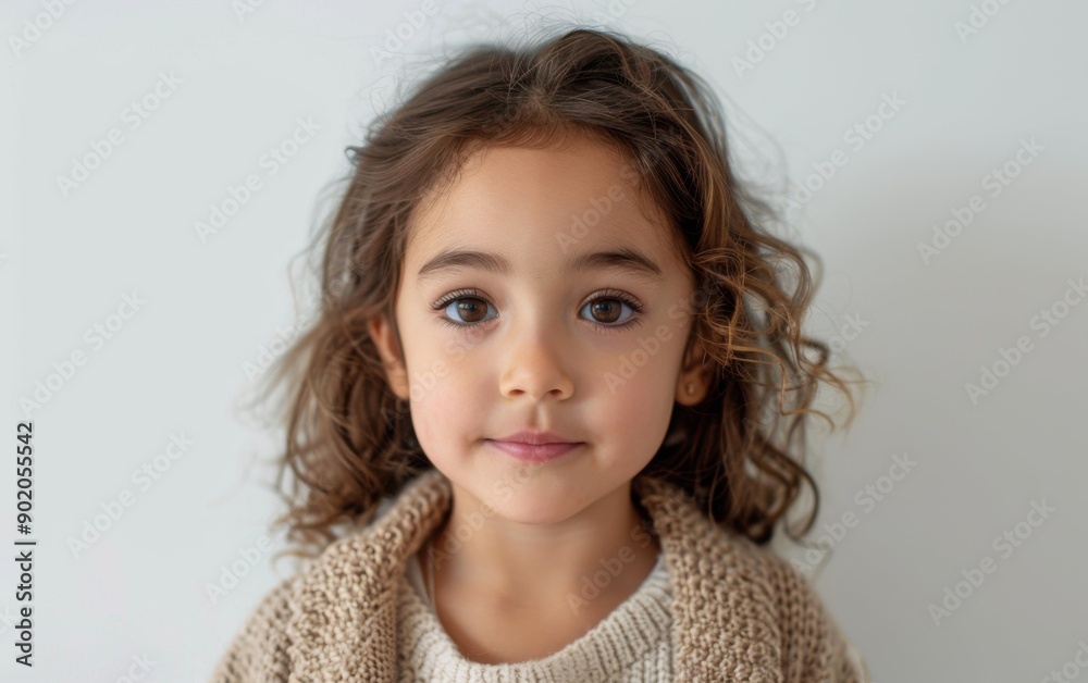 A cheerful Brazilian girl with curly hair is smiling while wearing a cozy sweater, radiating warmth and joy in a simple indoor setting