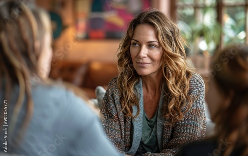 Wallpaper Mural A middle-aged female therapist facilitates a group therapy session, engaging with participants in a comfortable and inviting environment Torontodigital.ca