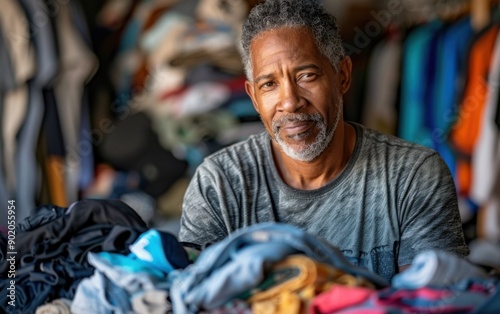 A middle-aged man sorts through a pile of clothes at a donation center, arranging items with care and expressing a sense of satisfaction