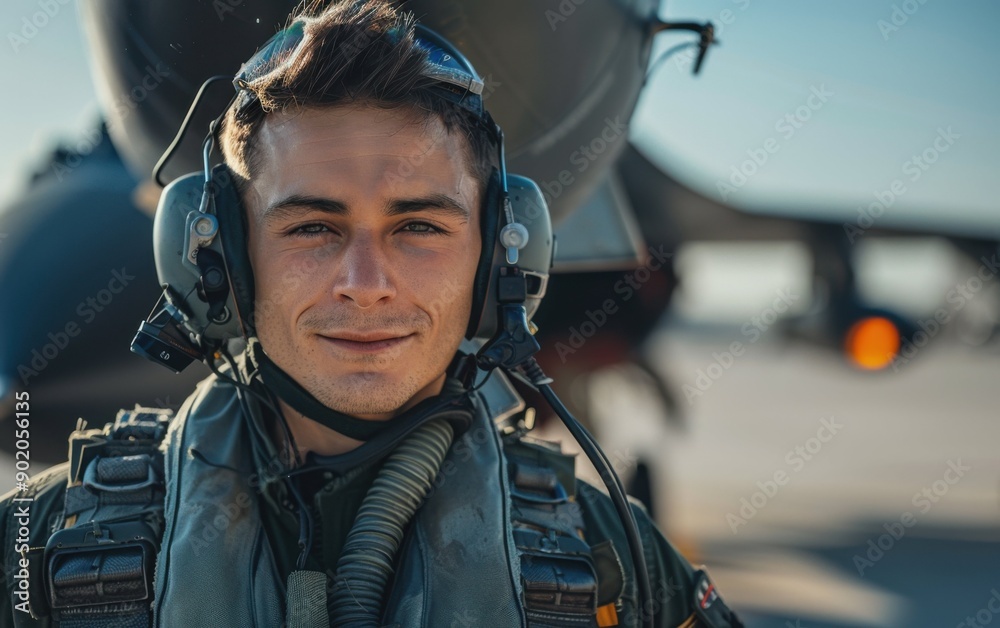 A military fighter jet pilot stands confidently, wearing a flight suit and helmet, with an aircraft in the background under a clear sky A military fighter jet pilot stands confidently, wearing a flight suit and helmet, with an aircraft in the background under a clear sky