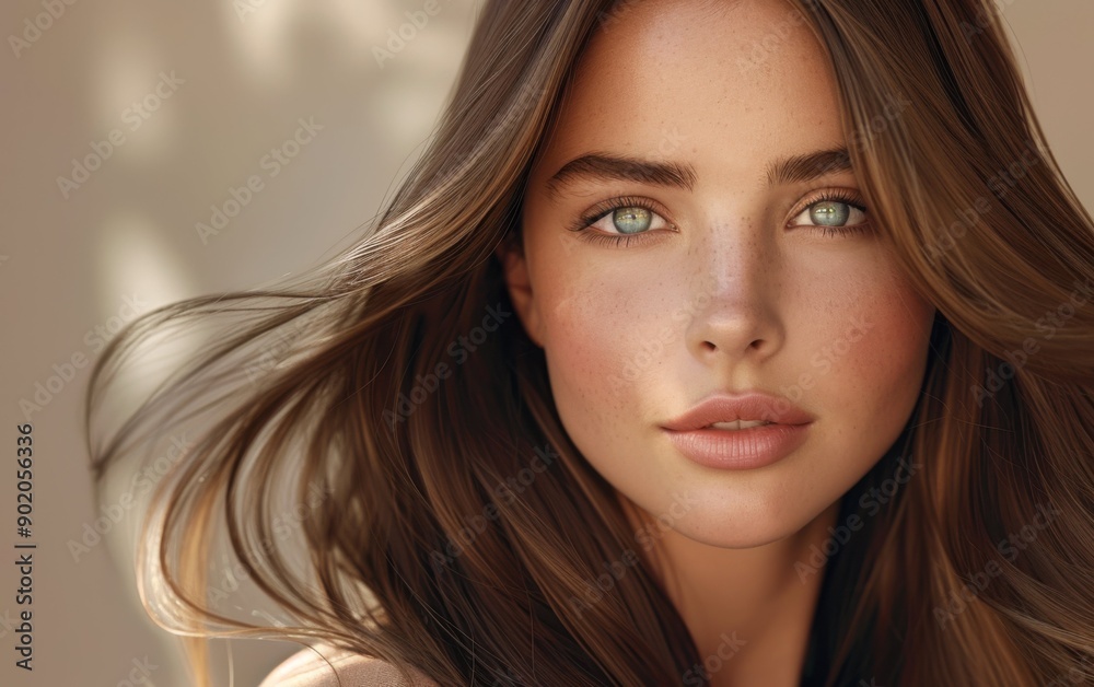 Naklejka premium A model showcases her smooth, healthy brown hair while enjoying the warm sunlight outdoors