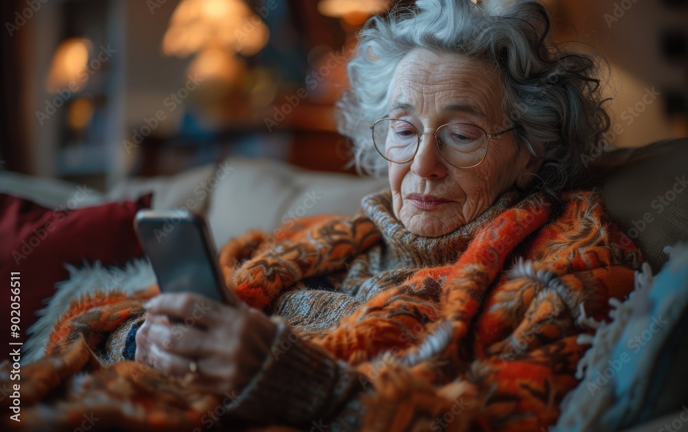 A senior woman wrapped in a cozy blanket uses her smartphone while sitting comfortably on her couch in a warm, inviting living room A senior woman wrapped in a cozy blanket uses her smartphone while sitting comfortably on her couch in a warm, inviting living room