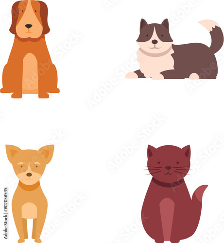 Vector illustration collection featuring adorable cartoon canines and felines in a simple style