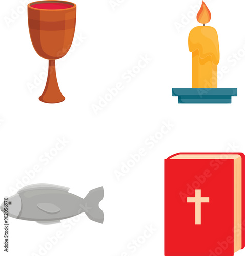 Illustration of a diverse collection of religious symbols, including chalice, candle, fish, and bible, in a vector format, representing elements of christianity, faith, and worship photo