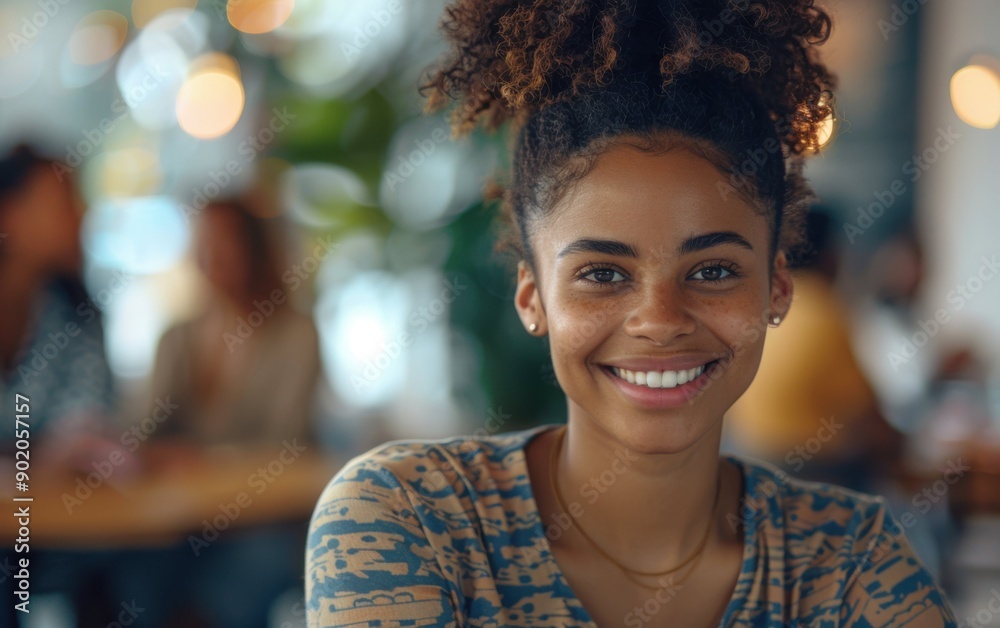 A young African American woman beams with joy, surrounded by friends in a lively café atmosphere, enjoying the moment together A young African American woman beams with joy, surrounded by friends in a lively café atmosphere, enjoying the moment together