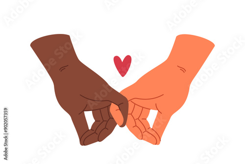 Multiracial love between people holding hands and ready to create close family without racial prejudice. Concept getting rid of ethnic prejudices and approving multiracial relationships men and women