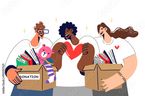 People volunteers hold donation boxes with things for orphans, work in charitable organization
