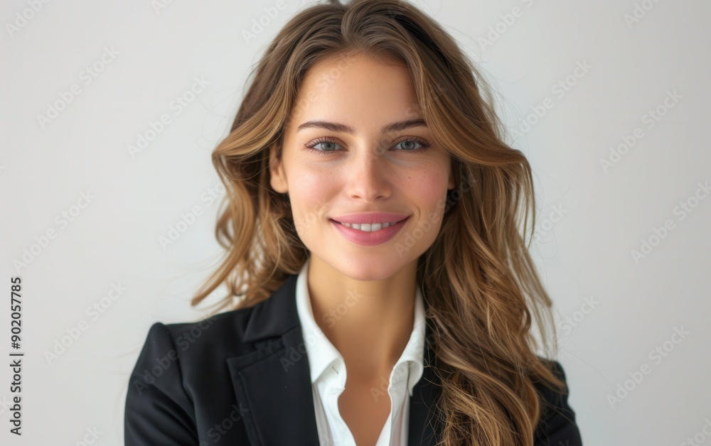 A happy businesswoman in a black suit smiles warmly, showcasing her confidence and professionalism in a bright office environment