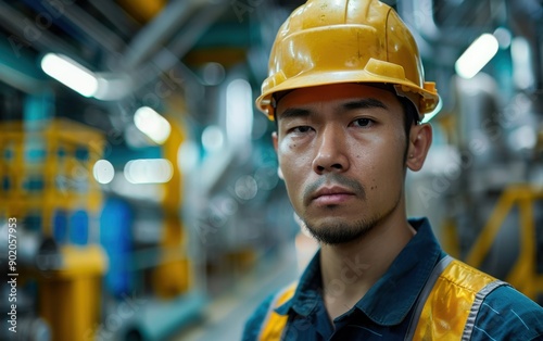 A maintenance engineer in a hard hat oversees equipment operations in a bustling industrial environment, ensuring safety and functionality at all times