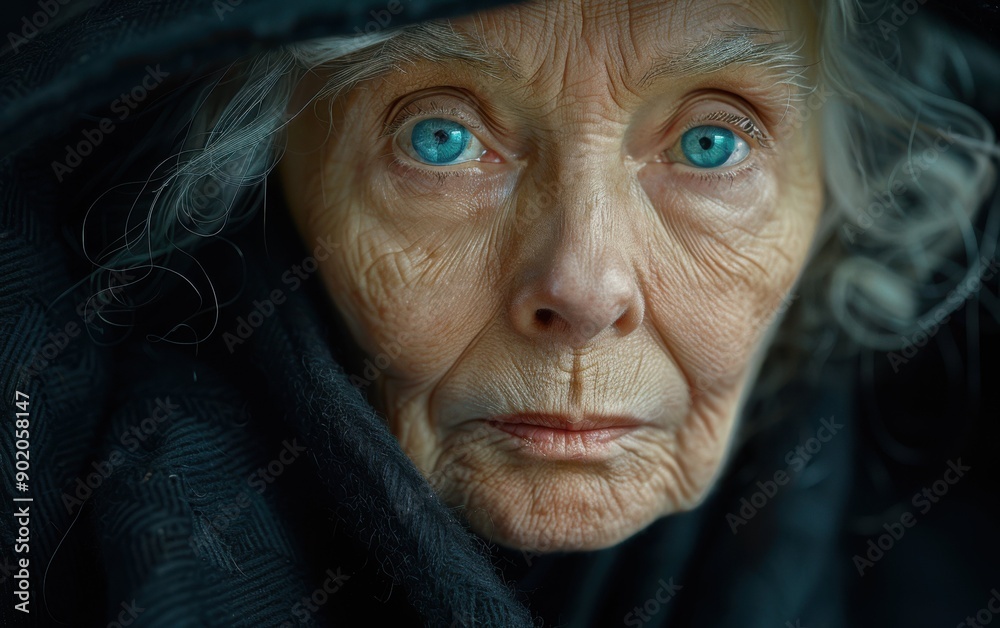 An elderly woman with striking blue eyes gazes thoughtfully, wrapped in dark fabric, conveying deep emotions of sadness and contemplation in a serene setting An elderly woman with striking blue eyes gazes thoughtfully, wrapped in dark fabric, conveying deep emotions of sadness and contemplation in a serene setting