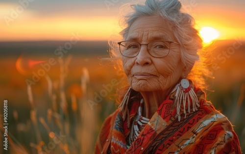 A senior Native American woman stands confidently against a vibrant sunset, reflecting wisdom and grace in a picturesque natural setting