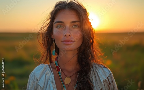 A Native American woman gazes softly at the sunset, surrounded by a golden field, embodying tranquility and cultural beauty