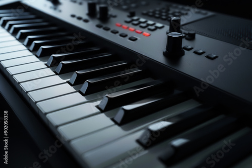 Close-up of a modern electronic keyboard with illuminated controls, perfect for musical projects and creative compositions. photo