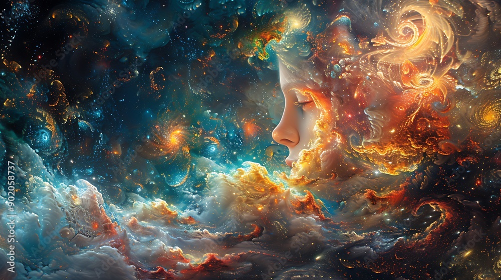 Eve a central figure in a surrealistic artwork blending elements of Hindu mythology with Christian allegory set against a backdrop of cosmic wonders Eve a central figure in a surrealistic artwork blending elements of Hindu mythology with Christian allegory set against a backdrop of cosmic wonders