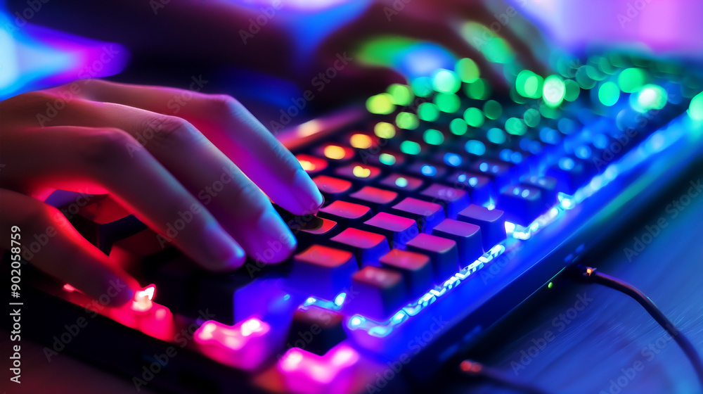 Close-up of a person typing on a colorful RGB mechanical keyboard, perfect for gaming and computer enthusiasts. Vibrant neon lighting. Close-up of a person typing on a colorful RGB mechanical keyboard, perfect for gaming and computer enthusiasts. Vibrant neon lighting.