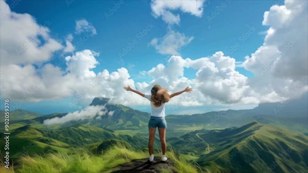 Young globetrotter girl standing on mountain top enjoying nature. Freedom, travel, adventure, wanderlust concept Young globetrotter girl standing on mountain top enjoying nature. Freedom, travel, adventure, wanderlust concept