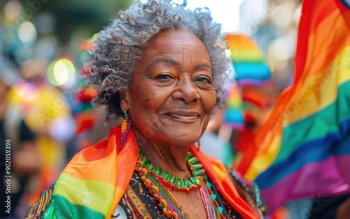 A senior African American woman smiles while proudly holding a rainbow flag during a vibrant pride parade celebration