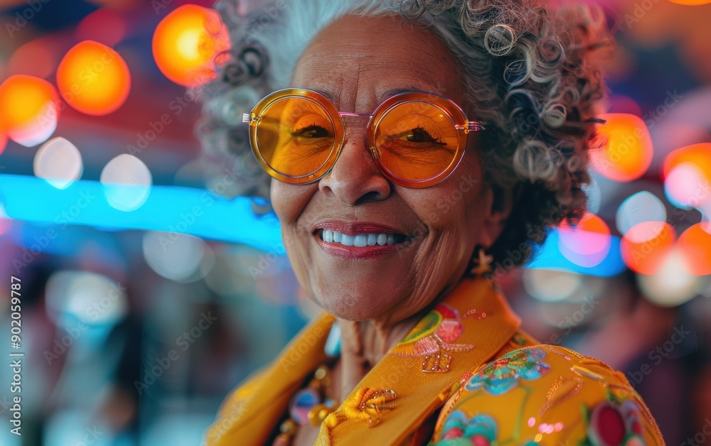 A smiling senior woman with curly hair showcases her retro style while enjoying a lively evening at a vibrant festival A smiling senior woman with curly hair showcases her retro style while enjoying a lively evening at a vibrant festival