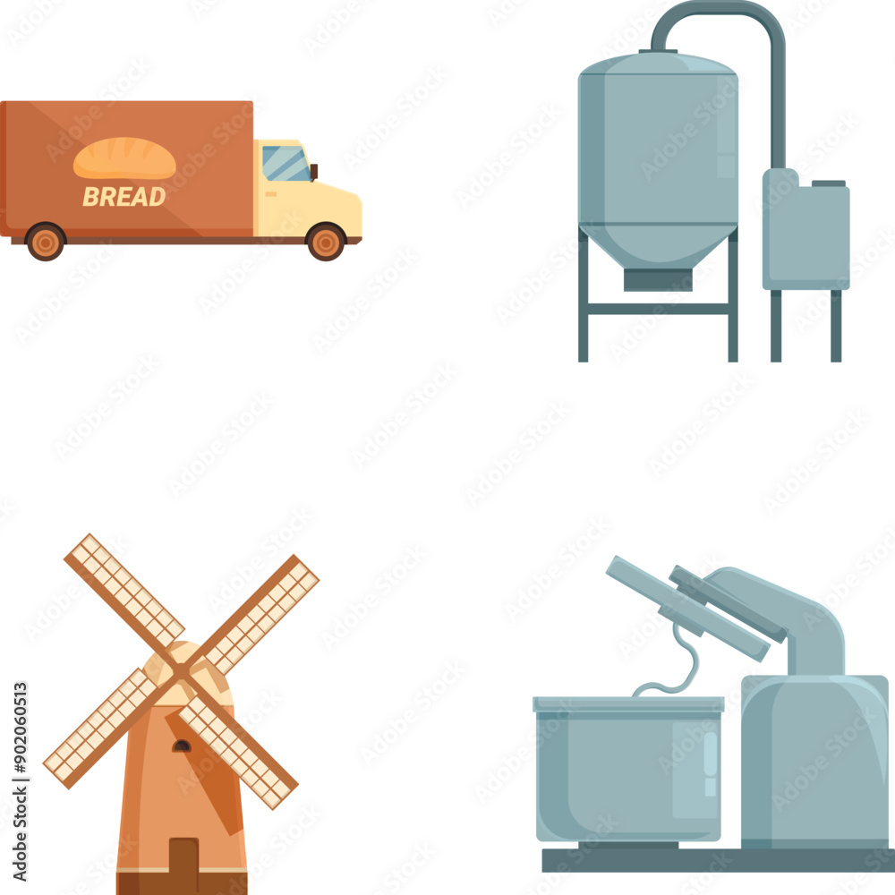 Obraz premium Collection of four icons illustrating a bread delivery truck, a silo, a windmill, and scientific equipment