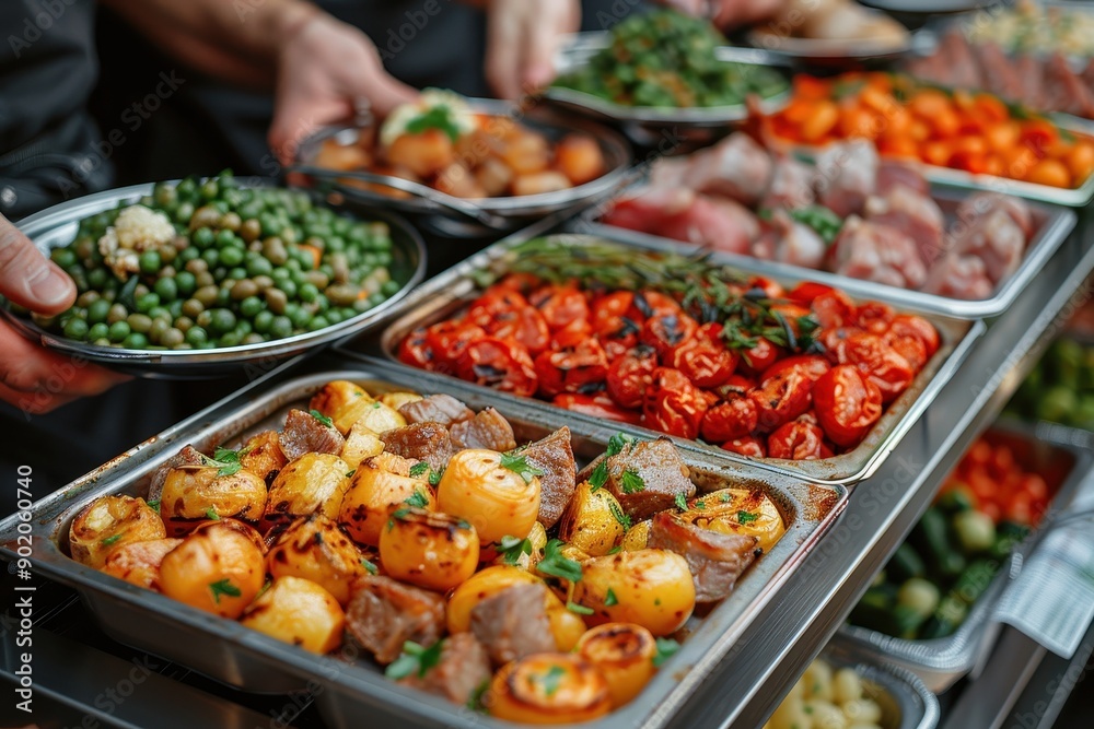 Meat and Vegetables in Metal Tray at Wedding Party – People Holding Plates with Food, Blurred Background

