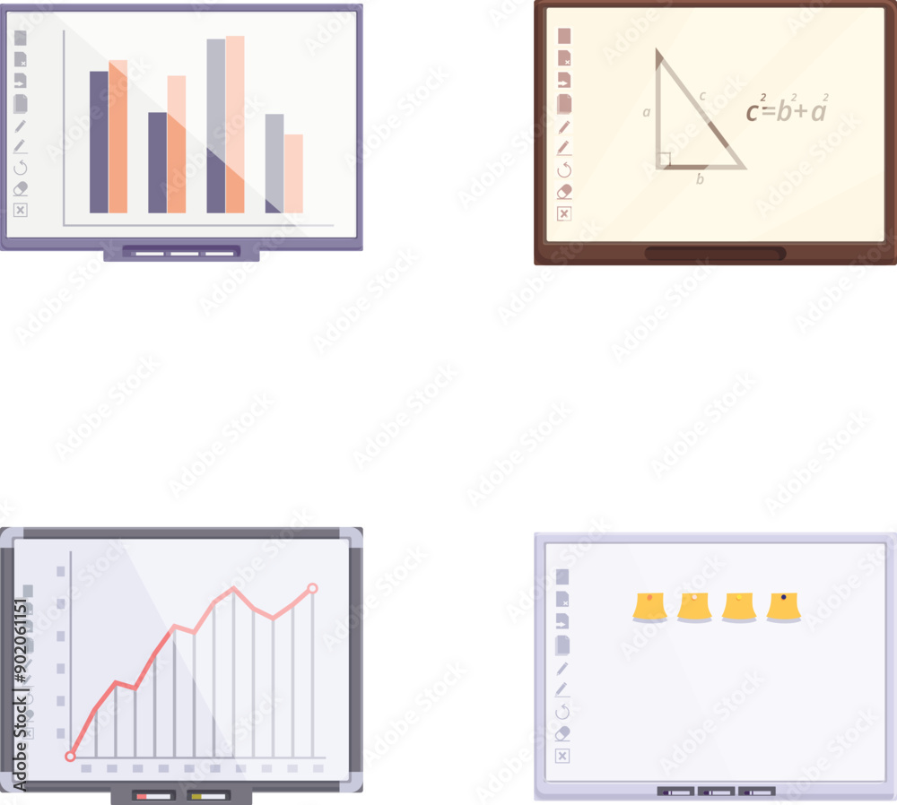 Fototapeta premium Four vector illustrations of presentation boards with business and mathematical graphics