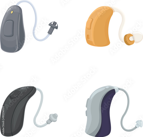Collection of four different styles of hearing aids, isolated on a pure white background