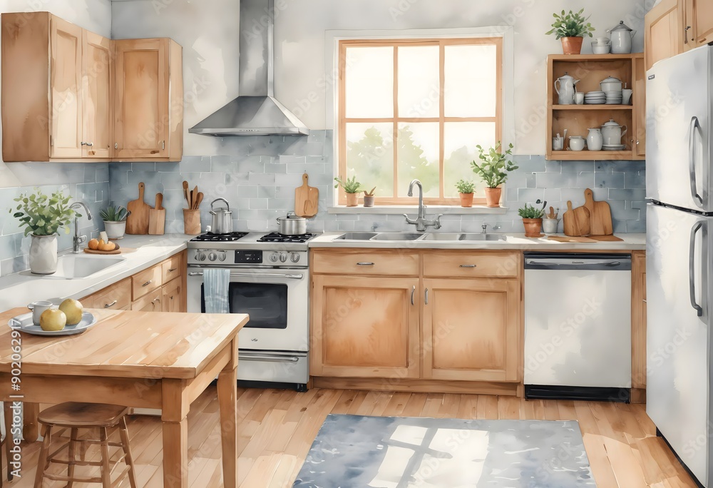 Fototapeta premium Watercolor modern and minimalist kitchen interior design illustration