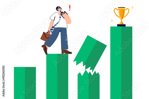 Challenge on path to success for business man striving to get winner golden cup at top of chart